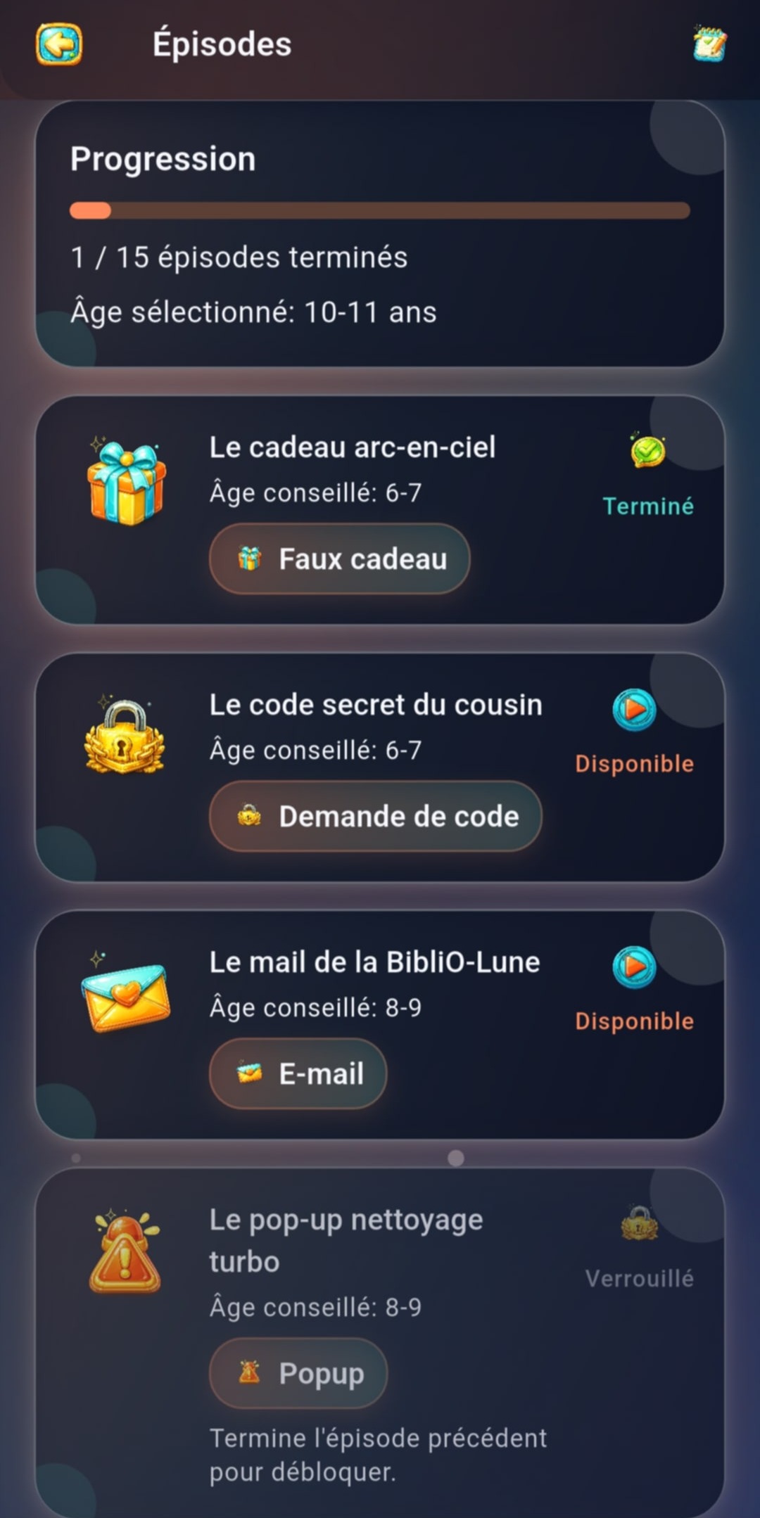 Écran progression Docteur Arnaques Kids